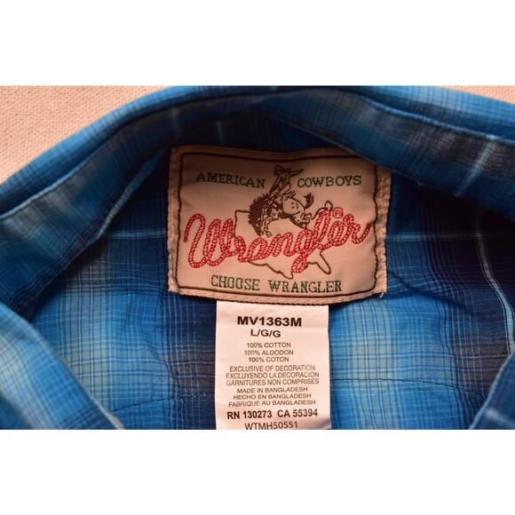 Women's Wrangler Button Tops Size L Long Sleeve Western Plaid Blue Pearl Snap - Picture 7 of 8